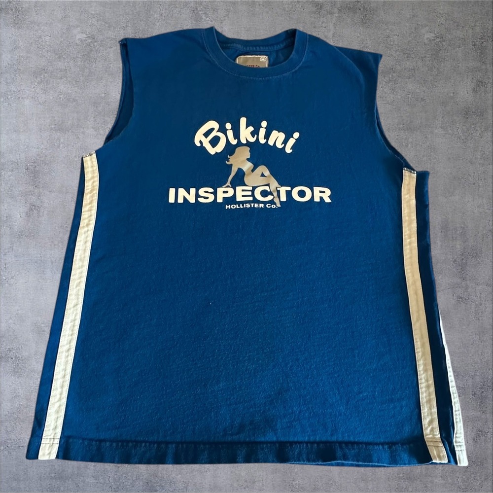 Y2K Hollister Funny Bikini Inspector Muscle T-Shirt Mens Medium Blue Graphic
